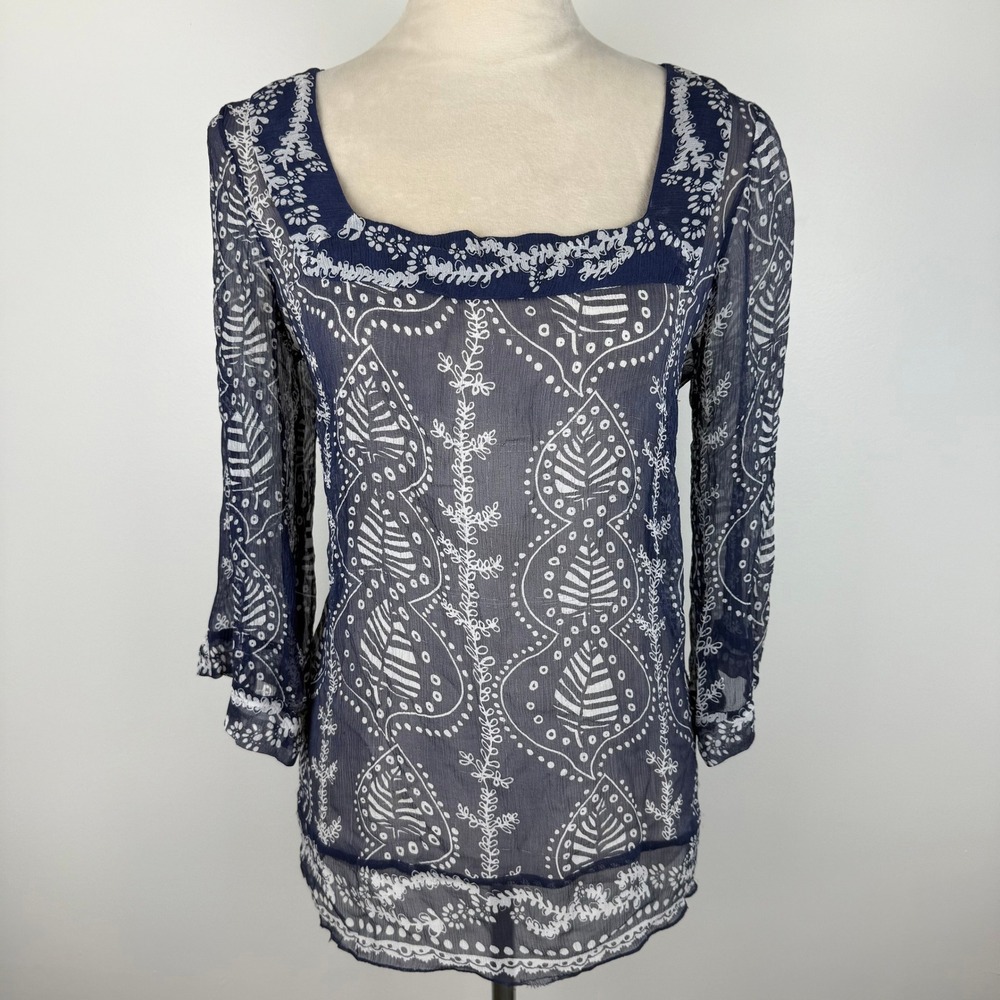 ECI New York Navy Blue Sheer Boho Print Square Neck 3/4 Sleeve Blouse Size 6